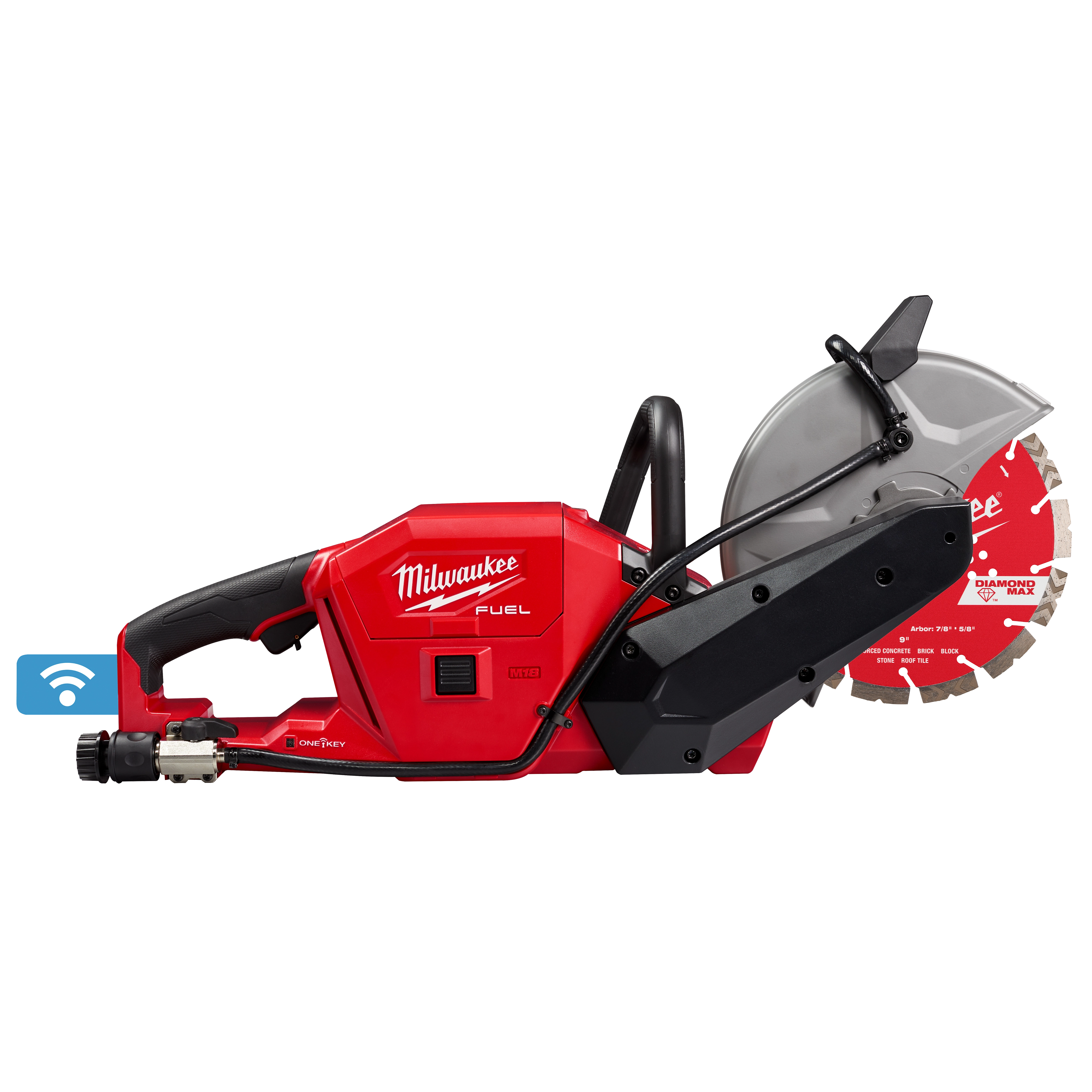 The M18 FUEL™ 9" Cut-Off Saw w/ ONE-KEY™ by Milwaukee is a red, battery-powered portable saw. It features a large cutting blade, ergonomic handle, and a ONE-KEY™ integration for tracking and managing the tool via a mobile app.