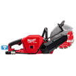 The M18 FUEL™ 9" Cut-Off Saw w/ ONE-KEY™ by Milwaukee is a red, battery-powered portable saw. It features a large cutting blade, ergonomic handle, and a ONE-KEY™ integration for tracking and managing the tool via a mobile app.
