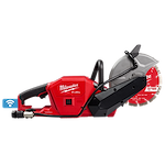 The M18 FUEL™ 9" Cut-Off Saw w/ ONE-KEY™ by Milwaukee is a red, battery-powered portable saw. It features a large cutting blade, ergonomic handle, and a ONE-KEY™ integration for tracking and managing the tool via a mobile app.