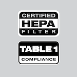 Image of two logos: "CERTIFIED HEPA FILTER," and "TABLE 1 COMPLIANCE"