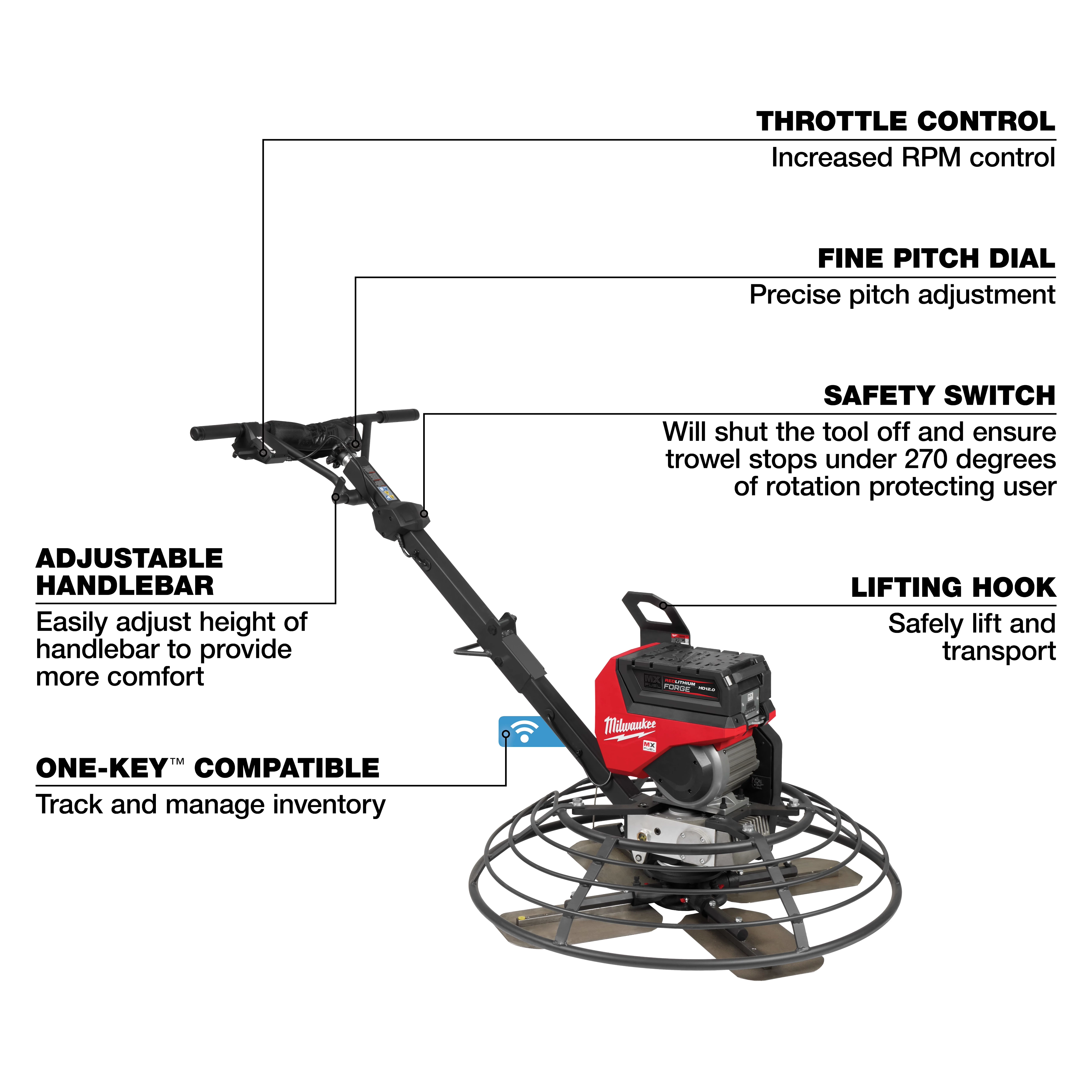 Concrete power trowel with throttle control, fine pitch dial, safety switch, adjustable handlebar, lifting hook, and One-Key™ compatibility.