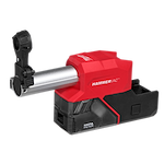 The image shows the M18 FUEL™ HAMMERVAC™ 5/8" Dedicated Dust Extractor. It is a red and black dust extraction device with a HEPA filter, designed to attach to compatible tools for dust collection.