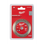 Milwaukee 3" Diamond Tile Cut-Off Blade in red packaging. It is a circular blade for cutting tile, with a maximum RPM of 20,000.