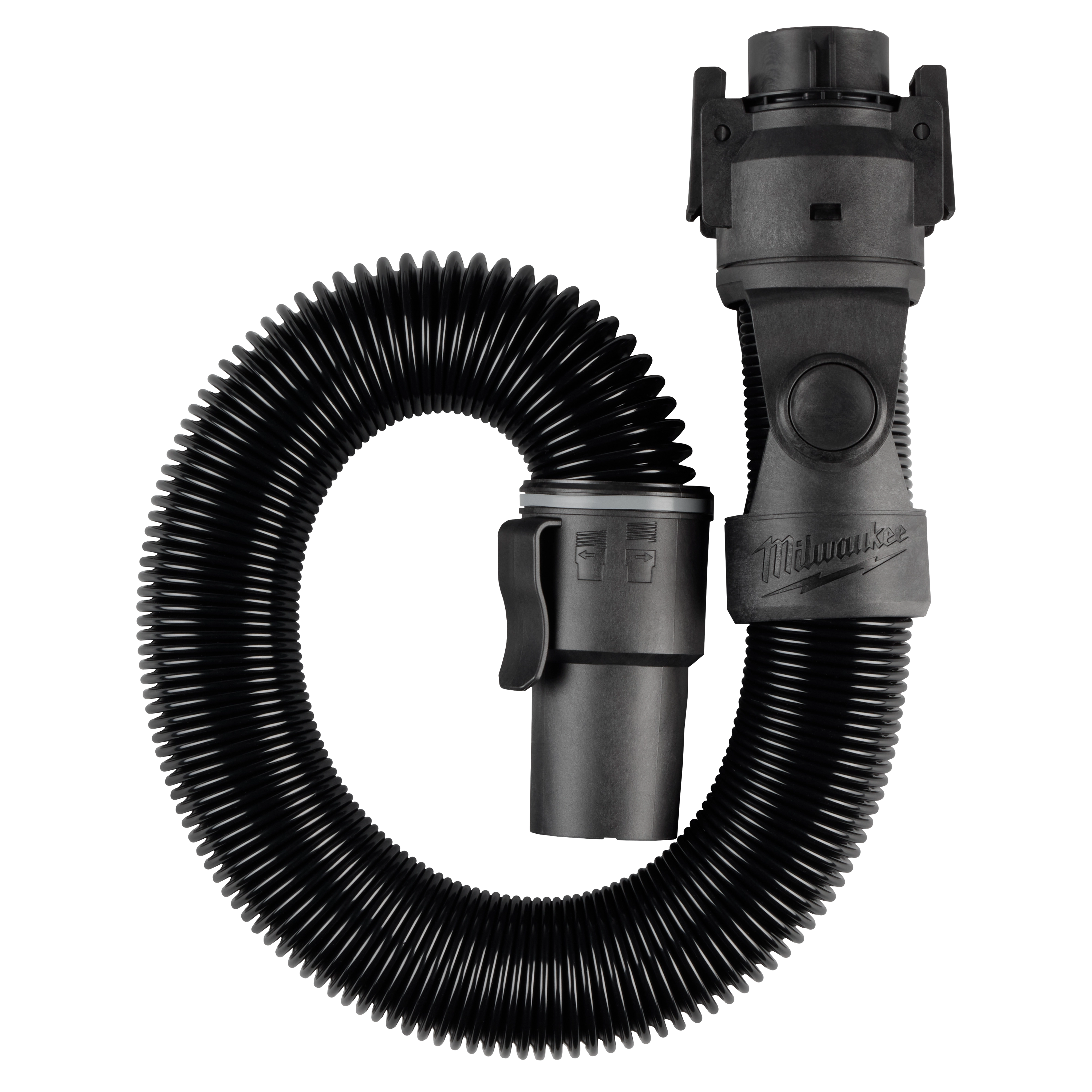 The image depicts a Milwaukee 1-7/8" x 6' Flexible Hose, designed for use with vacuum systems. The black, ribbed hose is coiled with connectors on both ends, featuring a latch mechanism to secure attachments.