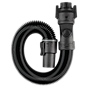 The image depicts a Milwaukee 1-7/8" x 6' Flexible Hose, designed for use with vacuum systems. The black, ribbed hose is coiled with connectors on both ends, featuring a latch mechanism to secure attachments.