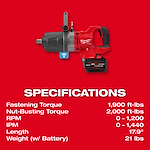 The M18 FUEL™ 1" D-Handle High Torque Impact Wrench w/ ONE-KEY™. Specifications include: 1,900 ft-lbs fastening torque, 2,000 ft-lbs nut-busting torque, 0-1,200 RPM, 0-1,440 IPM, 17.9" length, and 21 lbs weight with battery.