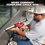 A worker uses the M12 12-Volt Lithium-Ion Cordless 10 oz. Caulk and Adhesive Gun (Tool-Only) to apply sealant to a building's exterior window frame. The image includes the text "Most Compact Cordless Caulk Gun."