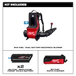 The MX FUEL™ Backpack Blower kit includes an M18 FUEL™ dual battery backpack blower, two MX FUEL™ REDLITHIUM™ FORGE™ HD12.0 batteries, and an MX FUEL™ rapid charger.