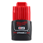 The image shows a Milwaukee M12 RED LITHIUM CP 2.0 battery pack. It is black and red, with the brand name "Milwaukee" and the product name clearly printed on the front. The battery pack is designed for use with Milwaukee M12 power tools.