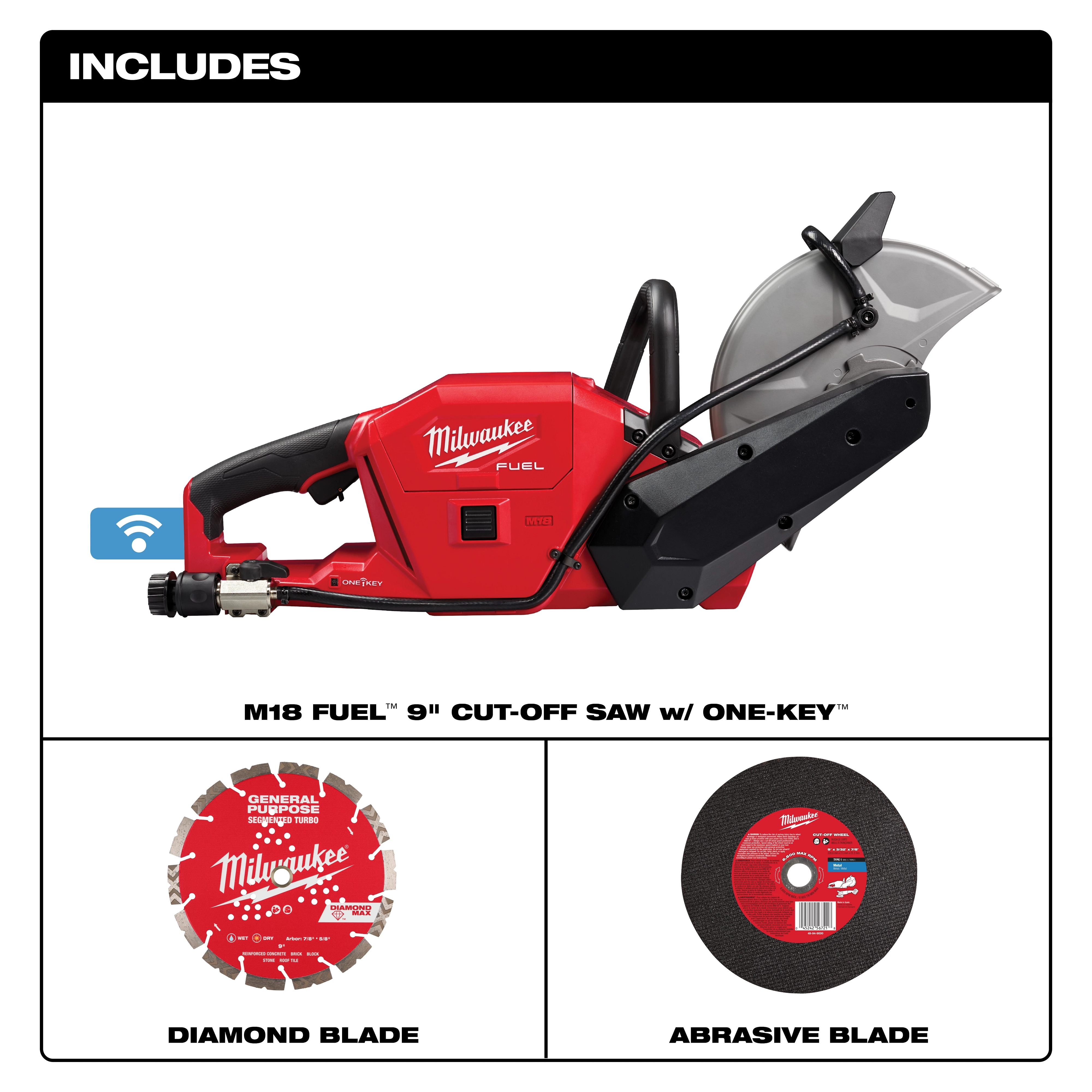 The M18 FUEL™ 9" Cut-Off Saw w/ ONE-KEY™ from Milwaukee Tools is shown here. The package includes a diamond blade and an abrasive blade.