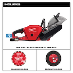 The M18 FUEL™ 9" Cut-Off Saw w/ ONE-KEY™ from Milwaukee Tools is shown here. The package includes a diamond blade and an abrasive blade.