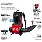 The MX FUEL™ Backpack Blower features a fully adjustable harness, Powerstate™ brushless motor, vertical storage hook, and variable speed trigger. It delivers 800 CFM and 190 MPH performance with a low noise level of 64 dB(A). The handle and telescoping nozzle adjust for comfort and convenience.