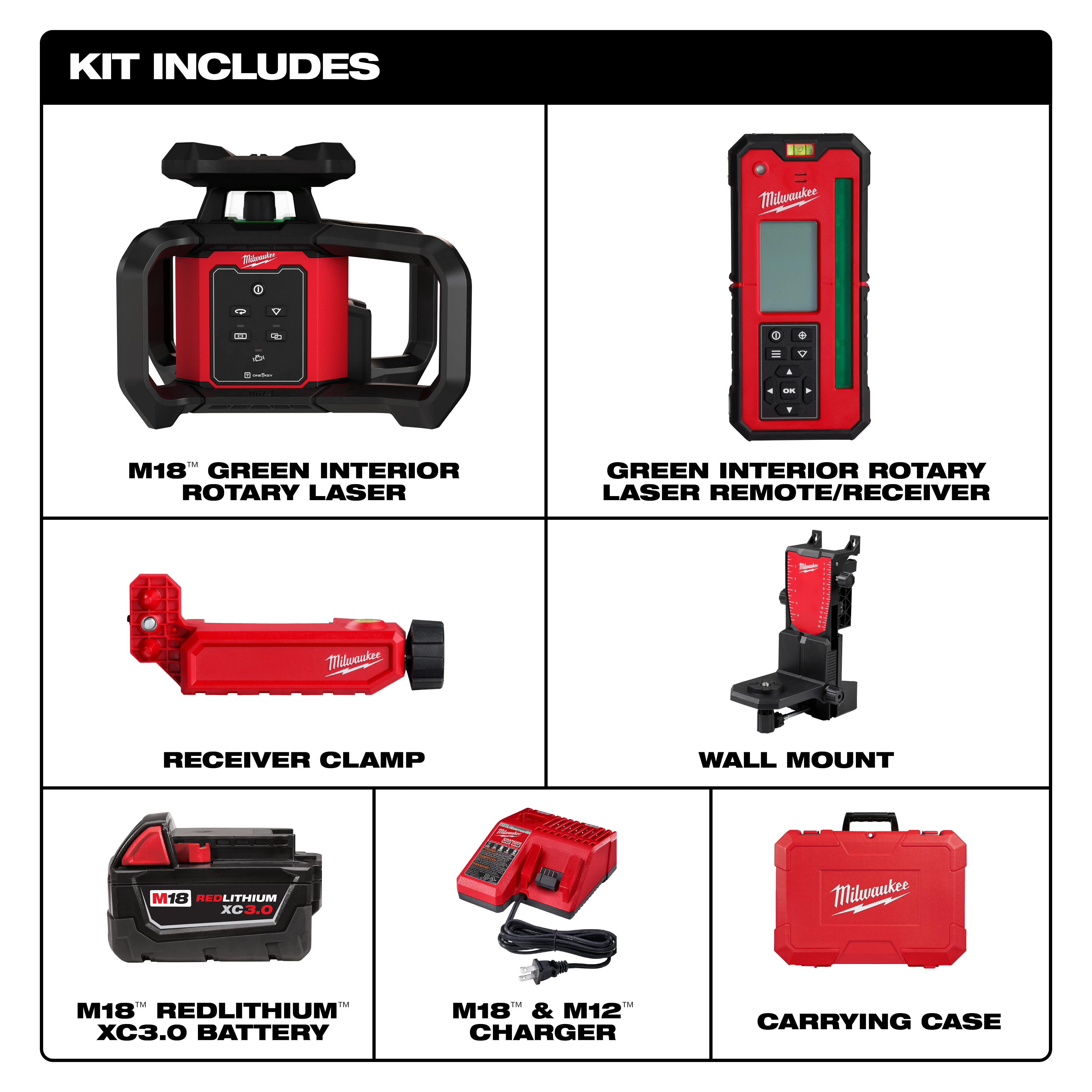M18™ Green Interior Rotary Laser Level Kit w/ Remote/Receiver & Wall Mount Bracket Includes