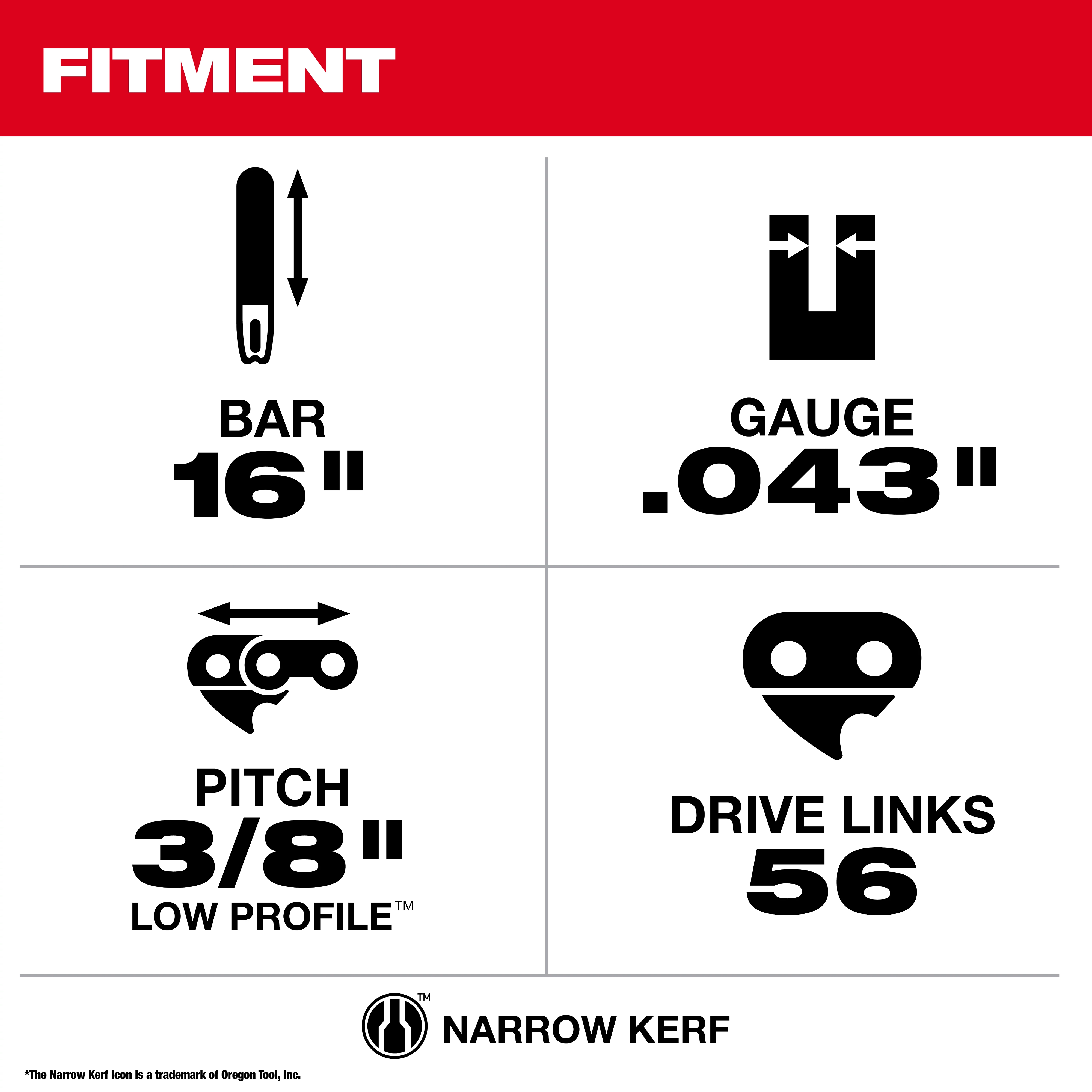 Specifications for a chainsaw, including a 16-inch bar, a gauge of .043 inches, a pitch of 3/8 inches, and 56 drive links