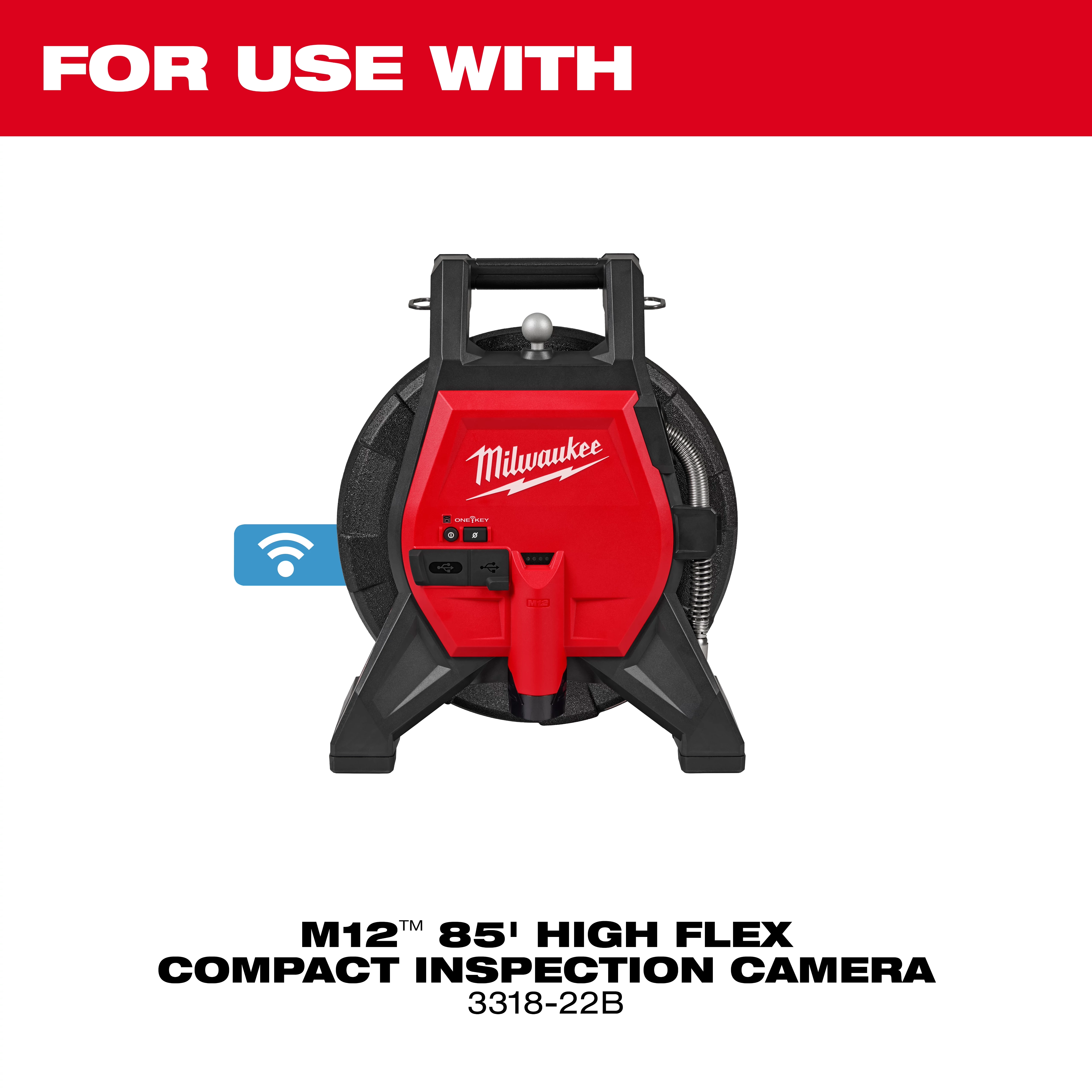 The image shows a Milwaukee M12™ 85' High Flex Compact Inspection Camera 3318-22B with text indicating it is for use with the 16mm Replacement Camera Head Kit for M12™ 65’ Ultra Flex Compact Inspection Camera.