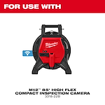 The image shows a Milwaukee M12™ 85' High Flex Compact Inspection Camera 3318-22B with text indicating it is for use with the 16mm Replacement Camera Head Kit for M12™ 65’ Ultra Flex Compact Inspection Camera.