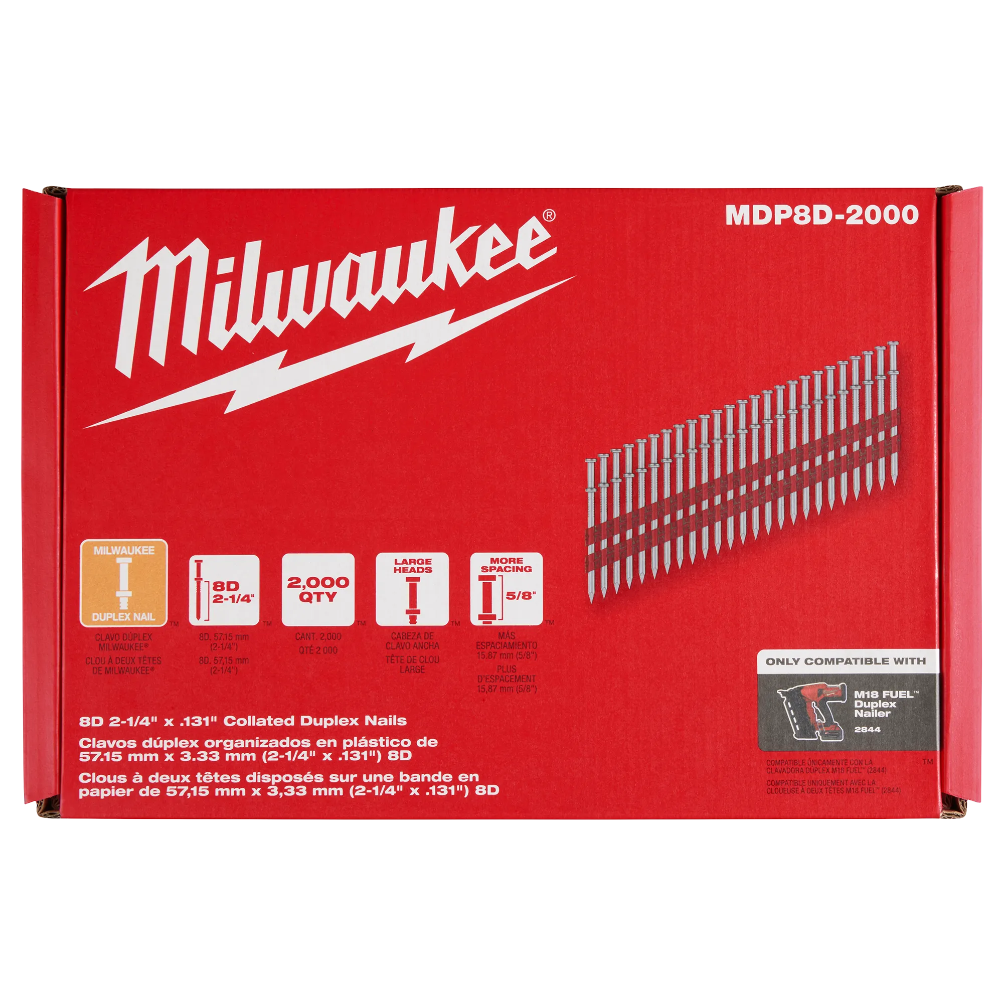 Image of the Milwaukee 8D 2-1/4" x .131" Collated Duplex Nails packaging