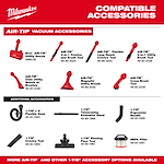 Milwaukee M18 FUEL™ 3-in-1 Backpack Vacuum compatible accessories list, featuring AIR-TIP™ and additional attachments like the 1-7/8" Flexible Hose, Crevice Tool, and HEPA Filter. Accessories include nozzles, utility brushes, extension wands, and more, all shown with part numbers and images.