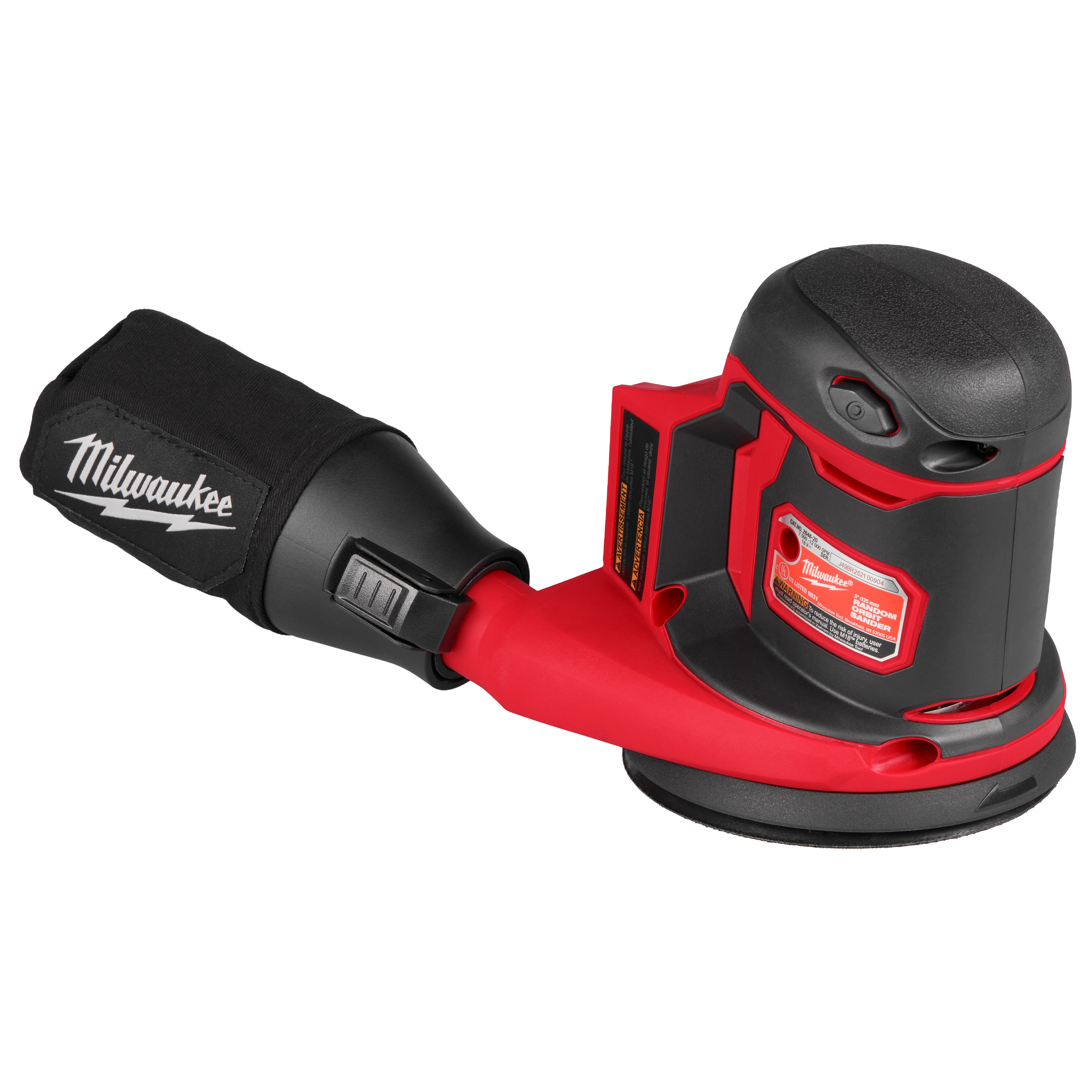 The M18™ Random Orbit Sander is a cordless, handheld tool with a black and red body. It includes a dust collection bag and features ergonomic design elements for user comfort. The sander is branded with Milwaukee on the dust bag.