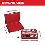 This image shows an open red tool case with sockets and other tools inside, accompanied by dimensions. The case measures 14.7 inches wide, 13.7 inches high, 1.3 inches thick, and the tool tray is 13.6 inches wide and 11.4 inches high.
