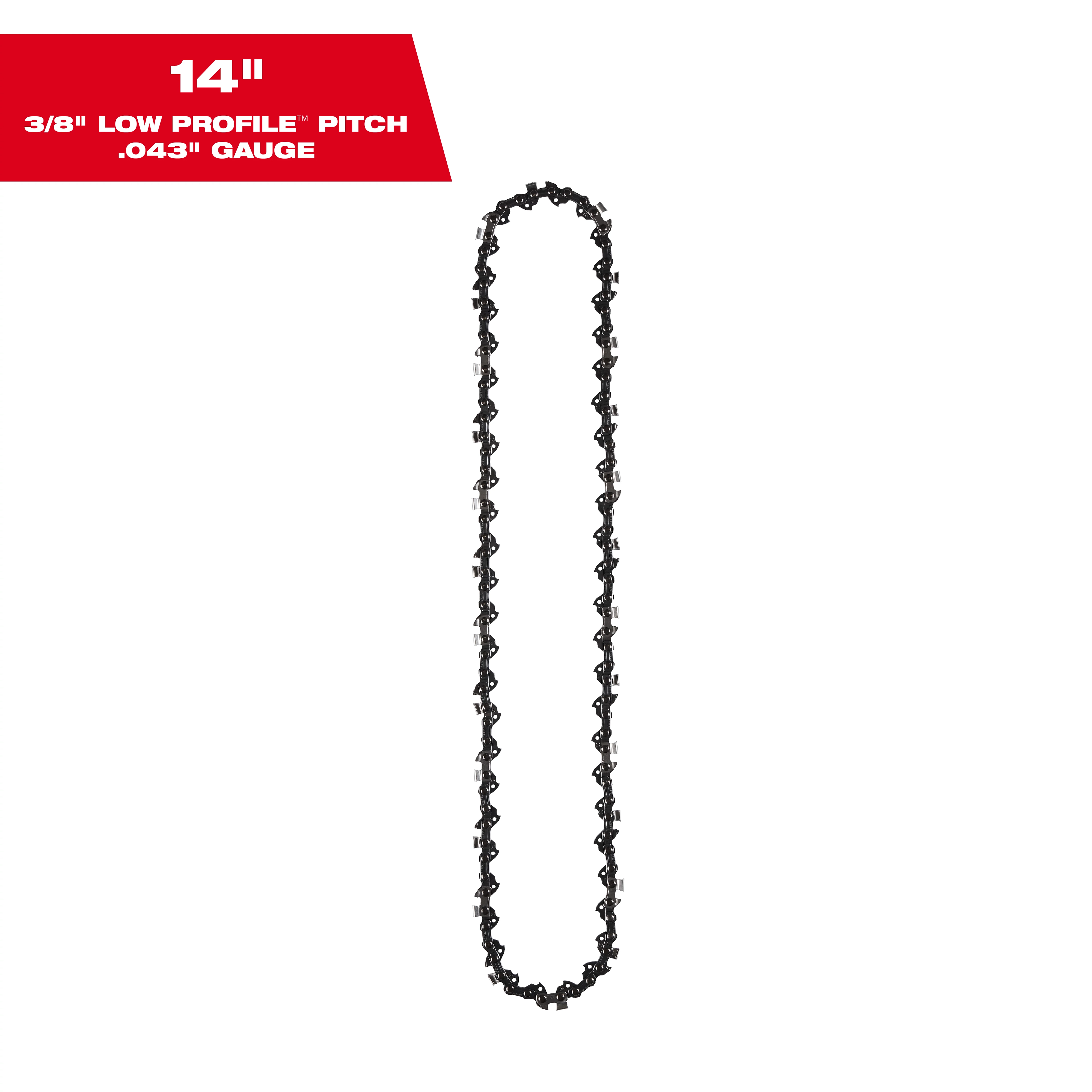 An image of a 14-inch chainsaw chain is displayed against a white background. The chain is in an elongated oval shape. There is a red block of text in the top-left corner stating "14" 3/8" Low Profile Pitch, .043" Gauge."