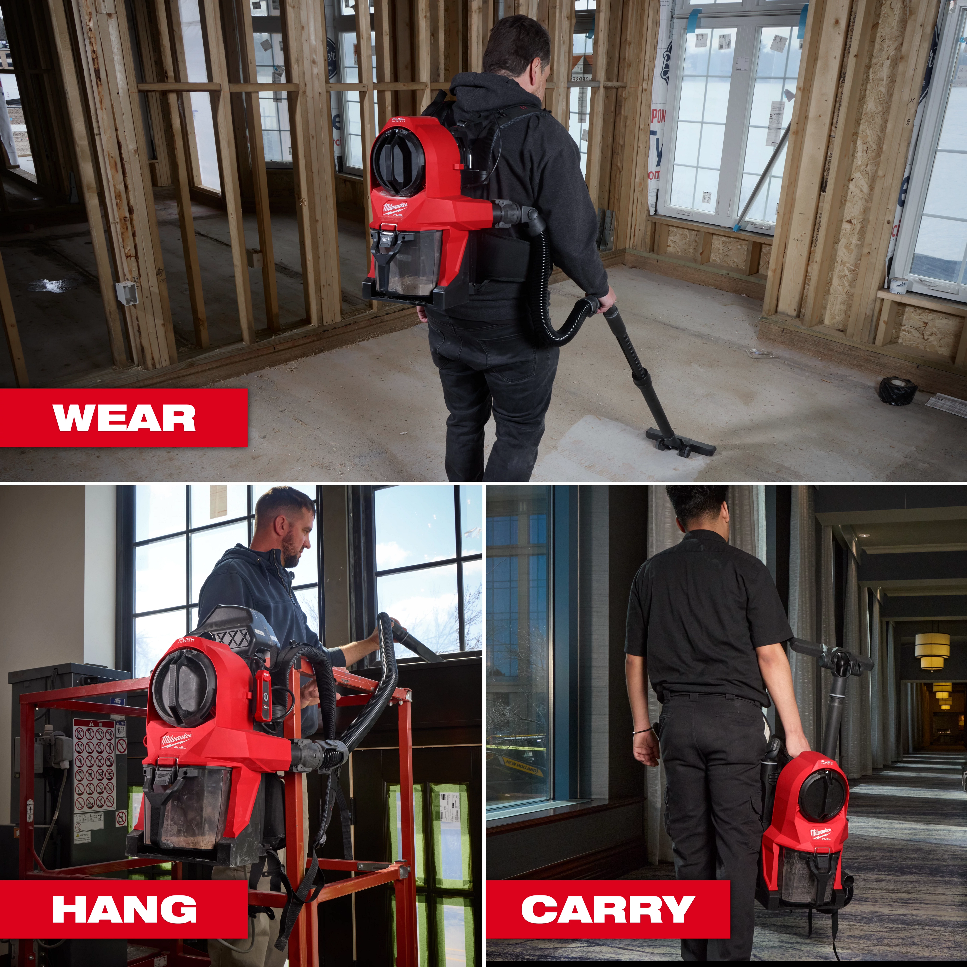 The M18 FUEL™ 3-in-1 Backpack Vacuum is shown in various usage modes: worn as a backpack, hung on a structure, and carried by hand. The vacuum is red and black, designed for versatility in different cleaning environments, as demonstrated in construction and maintenance settings.
