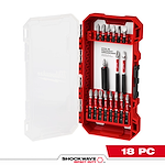 This image shows the SHOCKWAVE™ Impact Duty Driver Bit Set - 18PC. The set includes 18 driver bits organized neatly within a red and black case with a transparent lid. The bits are designed to fit in PACKOUT organizers, providing durable and efficient performance for various applications.