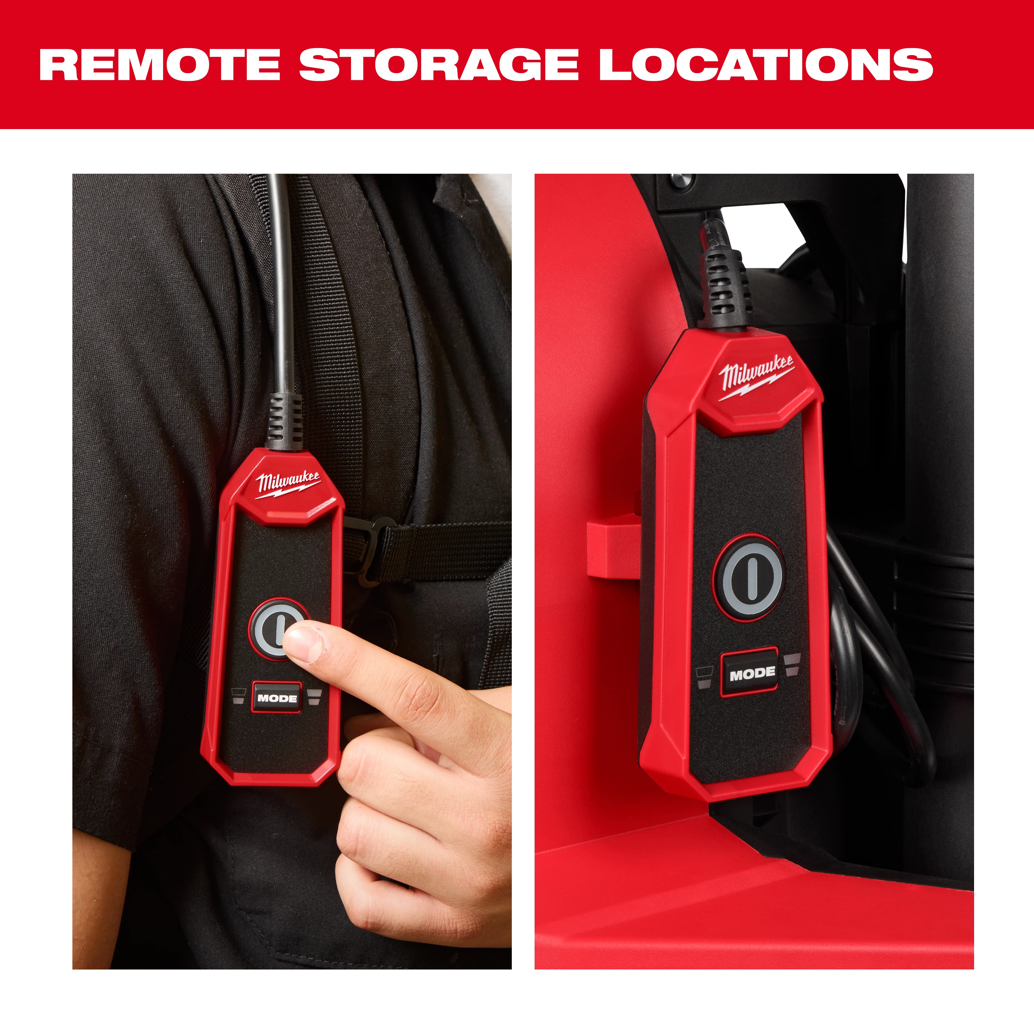 The M18 FUEL™ 3-in-1 Backpack Vacuum features a red and black remote control with a large power button and mode switch. The control is shown being worn on a shoulder strap and stored on the vacuum unit.