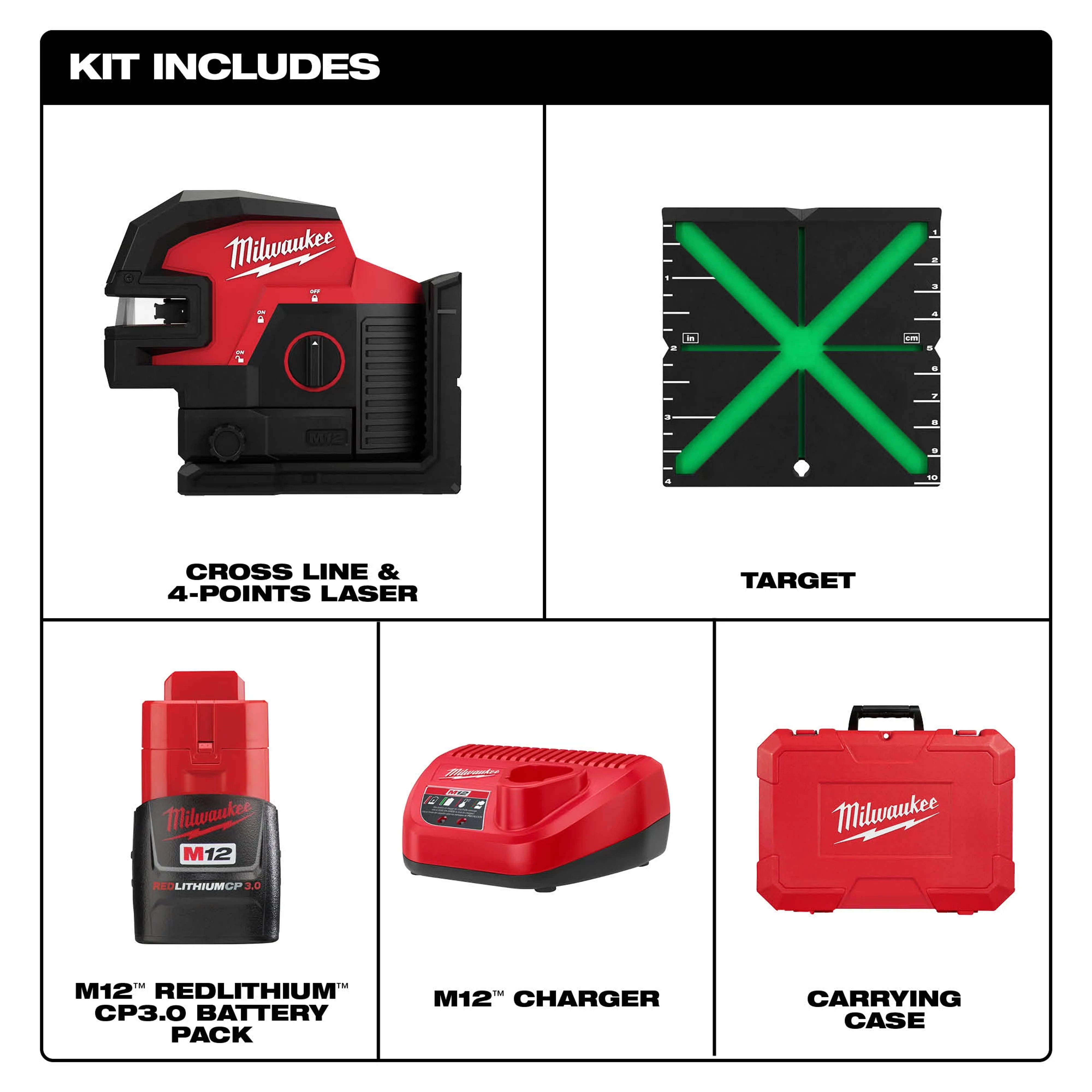 M12™ Green Cross Line & 4-Points Laser Kit Includes