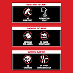 Red and black infographic with text about benefits: Instant Start, Easier to Use, and Work Safer.