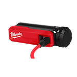 The image shows the REDLITHIUM™ USB Charger and Portable Power Source Kit by Milwaukee. The device is red and black with a USB port and a connected red USB cable, designed for charging and power supply.